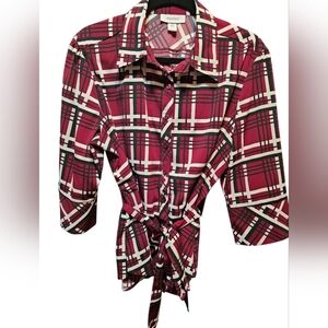 dressbarn Red Plaid Button-Front Tie Shirt, Sz XL